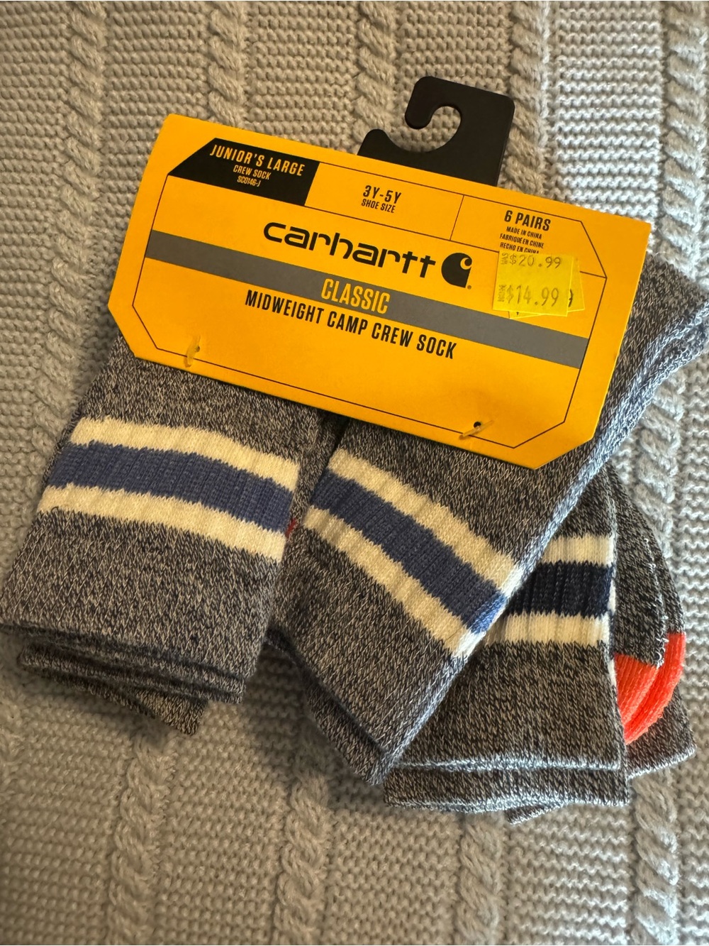 Carhartt 3Y-5Y Gray Crew Socks with Blue, White & Orange Accents